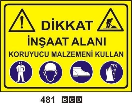İnşaat Alanı Koruyucu Malzemeni Kullan, Ezilme Tehlikesi Preste Çalışırken Çift El Kumandasını Kullan, Gürültülü Alan Kulaklık Tak, Yangın Tehlikesi Sigara İçmek ve Açık Alev Yasaktır, Fabrika Alanı Koruyucu Malzemeni Kullan, Sıçrayan Parçalar Çapak Tehlikesi, Soğuk Düşük Isı Tehlikesi Koruyucu Malzemeni Giy, Sıkışma Tehlikesi, Yüksek Düşme Tehlikesi- Paraşüt Tipi Emniyet Kemerini Tak, Dönen Cisimler Kesilme Tehlikesi Çelik Örgü Eldiven Giy, Sıcak Levha Yanma Tehlikesi Isıya Dayanıklı Eldiven Giy, Asit Tahriş Edici Tehlike, Uyarı Levhaları, Bursa Uyarı Levhaları Baskı, Kombine Levhalar,