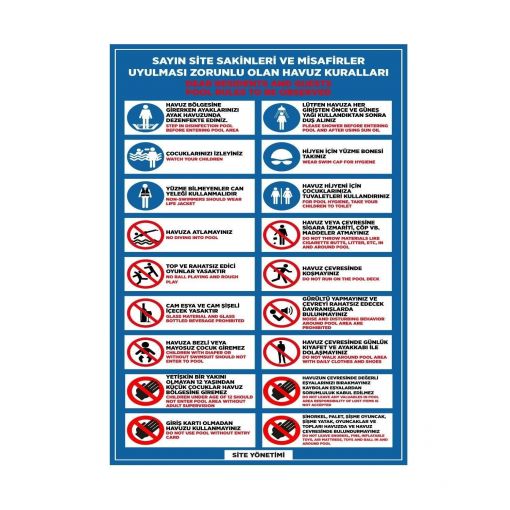 Site Sakinleri Havuz Uyarı Kuralları Levhası, Havuz Kuralları Levhası (Pool Rules), Havuza Girmeden Önce Ayakları Yıkayın Levhası, Havuz Uyarı Kuralları Levhası, Havuza Yüzme Bilmeyen Giremez Levhası, Çocuk Havuzu Levhası, Havuza Yüzme Bonesi İle Girilmesi Zorunludur Levhası, Havuza Girmek Tehlikeli ve Yasaktır Levhası, Havuz Alanında Koşmayınız Levhası, Dalmak Yasaktır Levhası, Havuz Güvenlik Kuralları Levha Seti - 1 ( 100x110 cm ), Havuz İçinde Çocuklara Dikkat Ediniz Levhası, Havuz ve Deniz Levhaları, Havuz Öncesi ve Sonrasında Duş Alınız Levhası