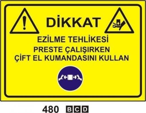 Ezilme Tehlikesi Preste Çalışırken Çift El Kumandasını Kullan, Gürültülü Alan Kulaklık Tak, Yangın Tehlikesi Sigara İçmek ve Açık Alev Yasaktır, Fabrika Alanı Koruyucu Malzemeni Kullan, Sıçrayan Parçalar Çapak Tehlikesi, Soğuk Düşük Isı Tehlikesi Koruyucu Malzemeni Giy, Sıkışma Tehlikesi, Yüksek Düşme Tehlikesi- Paraşüt Tipi Emniyet Kemerini Tak, Dönen Cisimler Kesilme Tehlikesi Çelik Örgü Eldiven Giy, Sıcak Levha Yanma Tehlikesi Isıya Dayanıklı Eldiven Giy, Asit Tahriş Edici Tehlike, Uyarı Levhaları, Bursa Uyarı Levhaları Baskı, Kombine Levhalar,