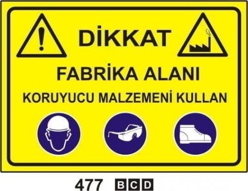 Fabrika Alanı Koruyucu Malzemeni Kullan, Sıçrayan Parçalar Çapak Tehlikesi, Soğuk Düşük Isı Tehlikesi Koruyucu Malzemeni Giy, Sıkışma Tehlikesi, Yüksek Düşme Tehlikesi- Paraşüt Tipi Emniyet Kemerini Tak, Dönen Cisimler Kesilme Tehlikesi Çelik Örgü Eldiven Giy, Sıcak Levha Yanma Tehlikesi Isıya Dayanıklı Eldiven Giy, Asit Tahriş Edici Tehlike, Uyarı Levhaları, Bursa Uyarı Levhaları Baskı, Kombine Levhalar,