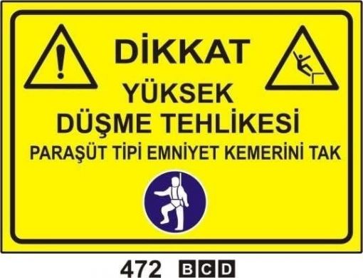 Yüksek Düşme Tehlikesi- Paraşüt Tipi Emniyet Kemerini Tak, Dönen Cisimler Kesilme Tehlikesi Çelik Örgü Eldiven Giy, Sıcak Levha Yanma Tehlikesi Isıya Dayanıklı Eldiven Giy, Asit Tahriş Edici Tehlike, Uyarı Levhaları, Bursa Uyarı Levhaları Baskı, Kombine Levhalar,